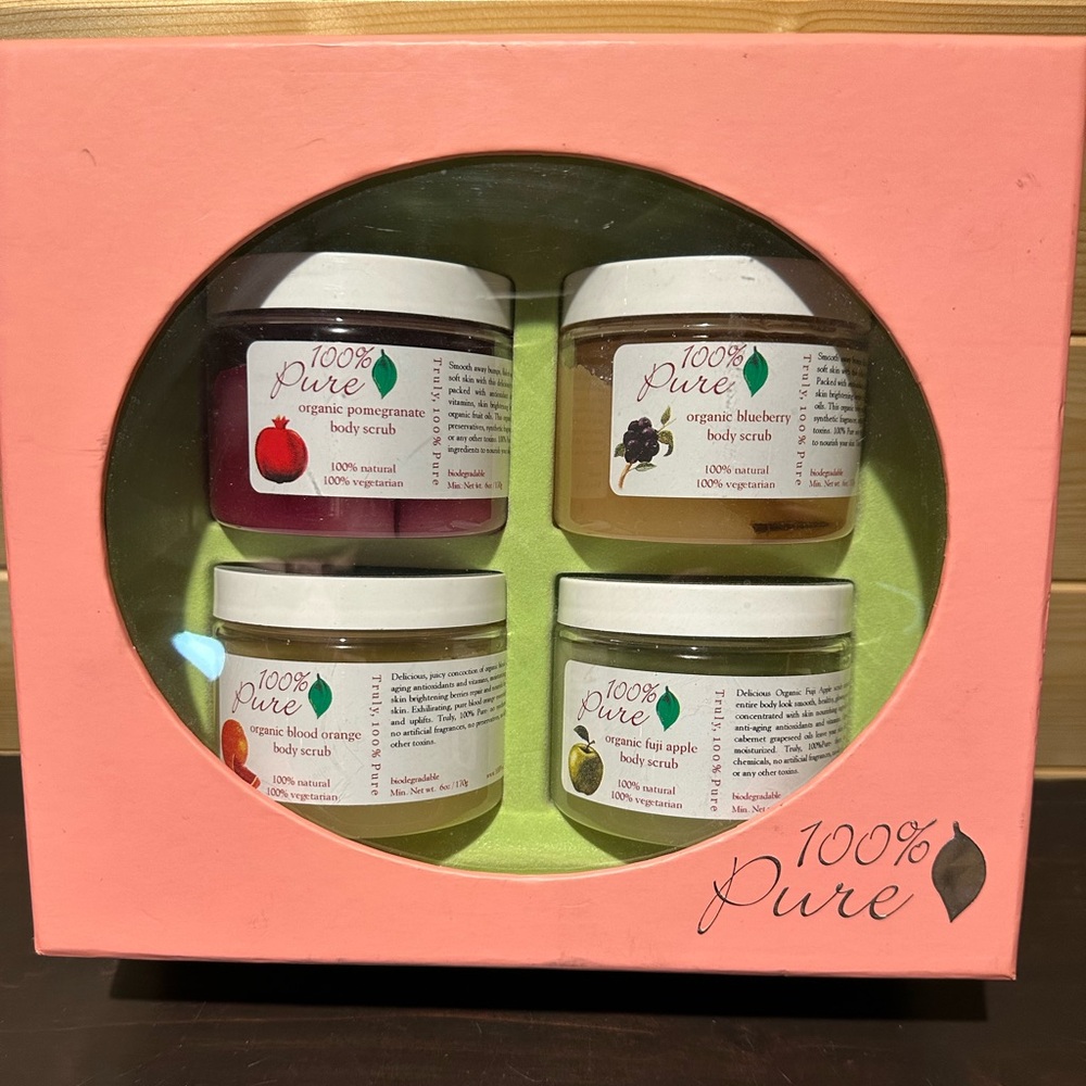 100% Pure body scrubs in 4 scents. Brand new never opened, sealed 6 oz bottles